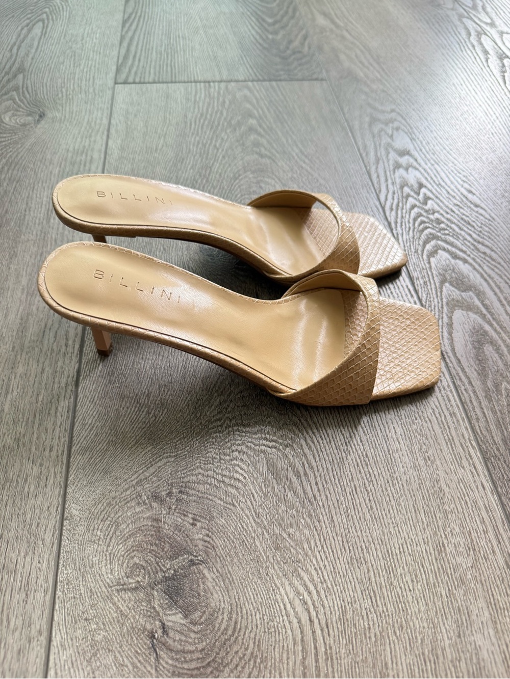 billini haddison tan scale square open toe slip on mules kitten high heels 6 NEW